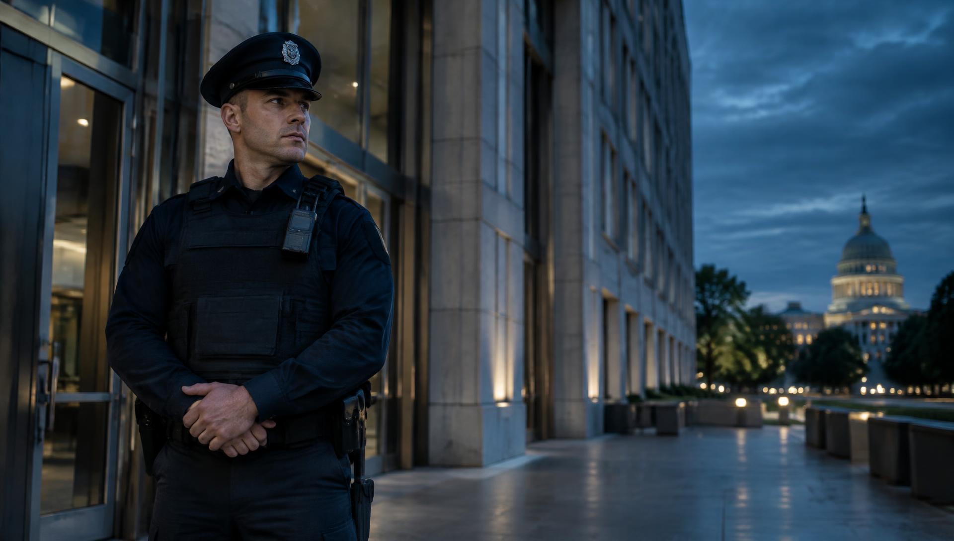 Uniformed security officer standing post outside a federal building at dusk